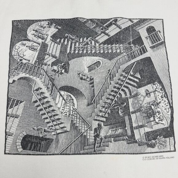 Vtg M.C. Escher Art Crewneck Sweatshirt Men's Medium White USA 1989 - Picture 2 of 9